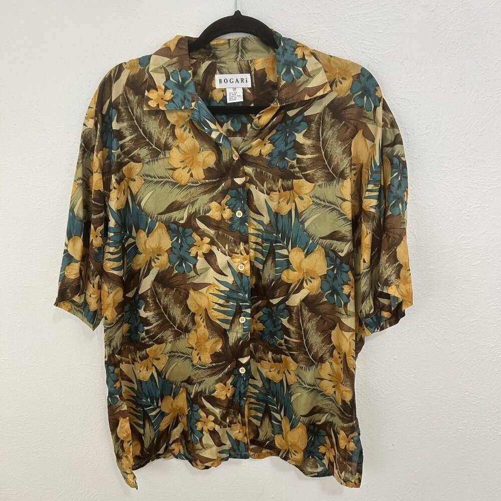 Vtg 90s Golden Yellow‎ Colorful Floral Silk Bold Tropical Shirt Top Side Slits M
